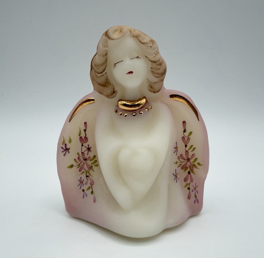 Fenton Rosalene Satin Glass Guardian Angel Figurine 3.5” Hand Painted Signed